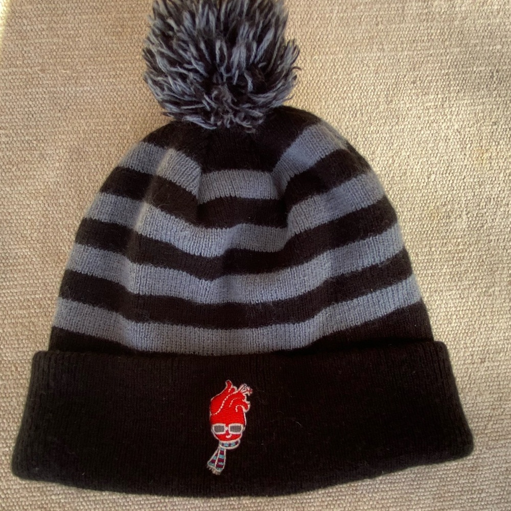 Cozy Black and Gray Striped Kids Beanie with Pom Pom